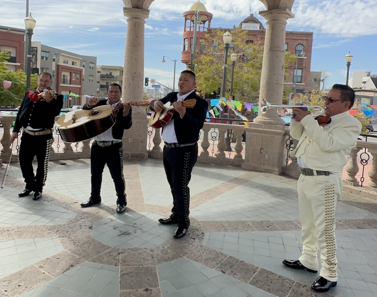 Mariachis play tunes, pausing to speak with passerbys. Photo by Tristan Longwell.