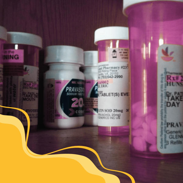 A photo that is colorized with a pink tint of prescription drug bottles on shelf with a yellow solid wave graphic on the lower left and two thinner waves over it.