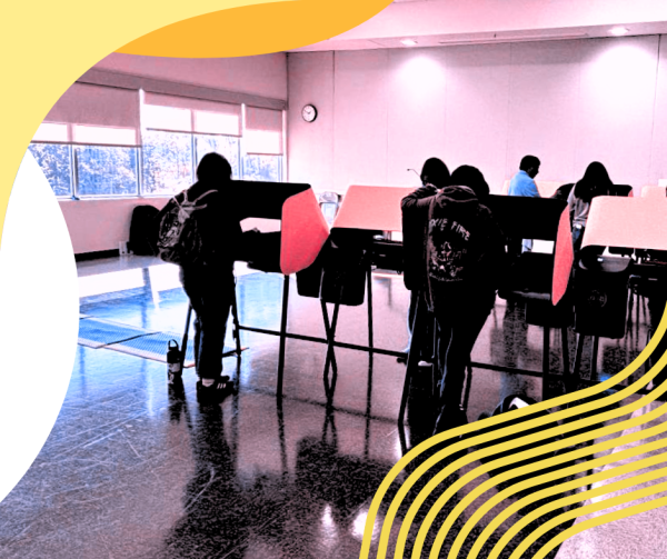 Photo illustration of students voting on campus using a photo by Omar Ortiz.