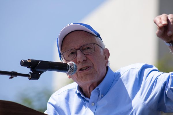 Sen. Bernie Sanders, I-Vt, speaks during the "Fighting Oligarchy" Tour rally at Gloria Molina Grand Park on Saturday, April 12, 2025, in Los Angeles, Calif.