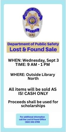 public safety lost and found sale on sept. 3, 10-1 outside Library North