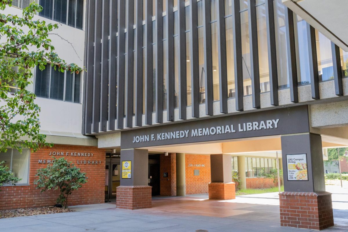 Cal State LA's John F. Kennedy Memorial Library as the school faces budget cuts from the state and federal governments on Sept. 18 2025