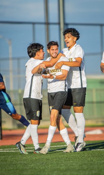 The super subs of the match. Angel Sanders, Marcos Lipertis, and Diego Arvizu celebrate in style after linking up to score the equalizer. Photo courtesy of Isai Carrillo