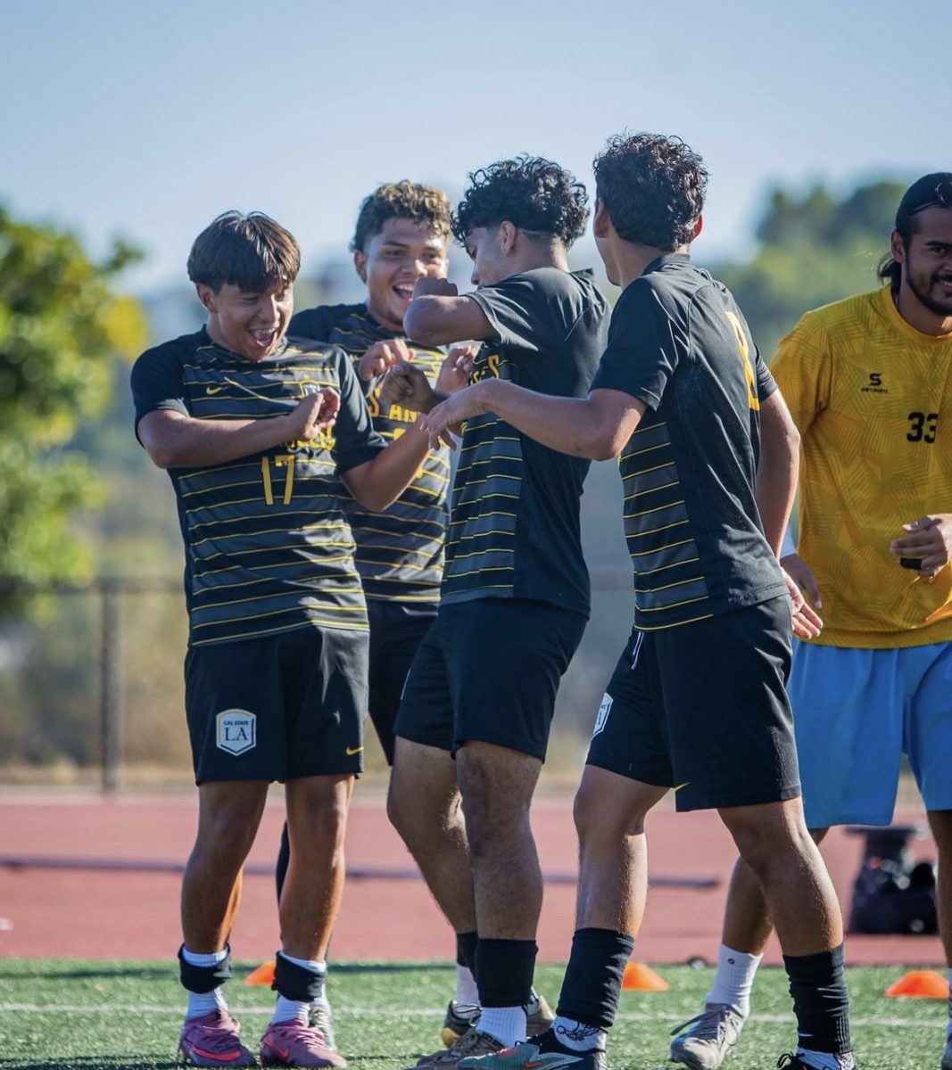 Angel Sandres celebrates his first collegiate goal with a trendy dance alongside Johnny Gonzalez and Jose Lopez. Photo courtesy of Isai Carrillo