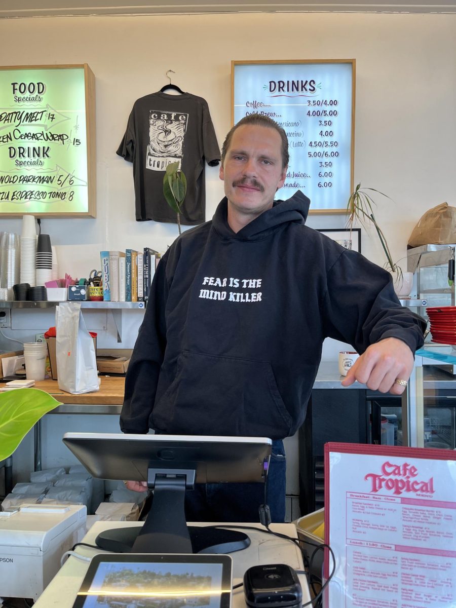 Danny Khorunzhiy poses in his shop, Cafe Tropical.