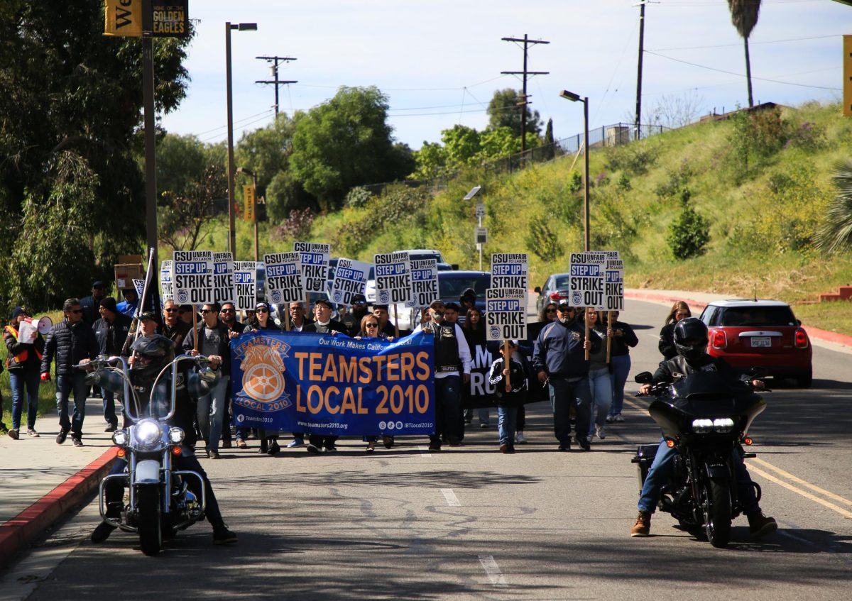 Teamsters Local 2010, union allies and partner unions march from the picket line to the rally at Cal State LA on the final day of the four day CSU wide Unfair Labor Practices Strike.