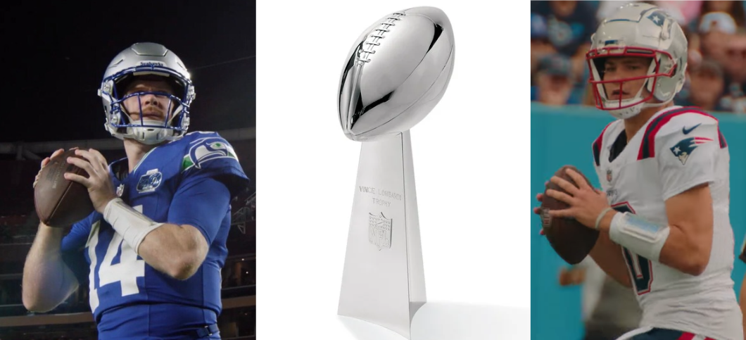 Left: "Sam Darnold 11 2 2025" by Tennessee Titans courtesy of CreativeCommons. 
Middle: "Vince Lombardi trophy" by WBUR courtesy of CreativeCommons.
Right: "Drake Maye Patriots vs Titans NOV2024.png (section) (cropped)" by Tennessee Titans courtesy of CreativeCommons.