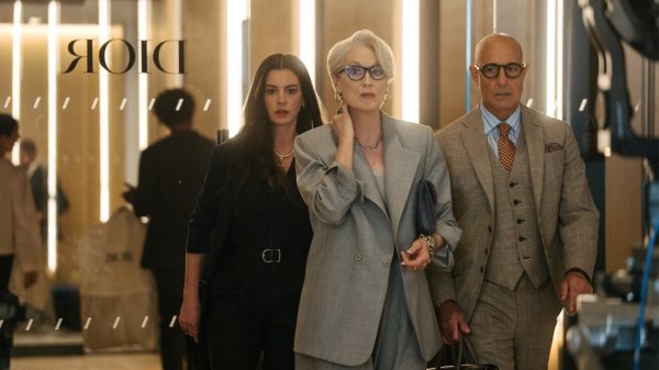 (L-R) Anne Hathaway as Andy Sachs, Meryl Streep as Miranda Priestly and Stanley Tucci as Nigel Kipling in 20th Century Studios' THE DEVIL WEARS PRADA 2. Photo courtesy of 20th Century Press.